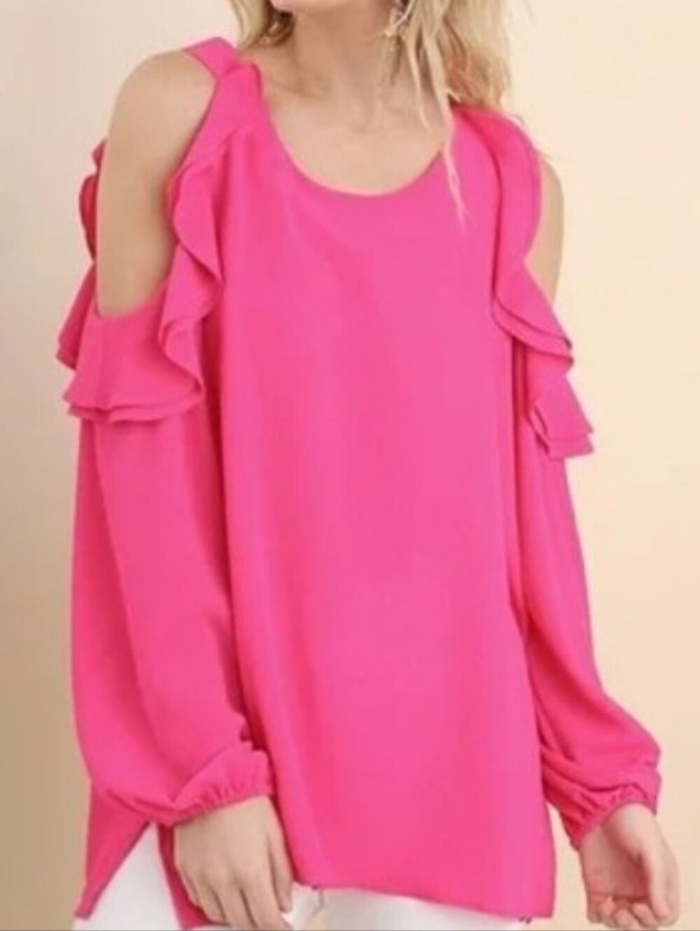 Oversized Umgee Hot Pink Cold-Shoulder Ruffle Blouse Small